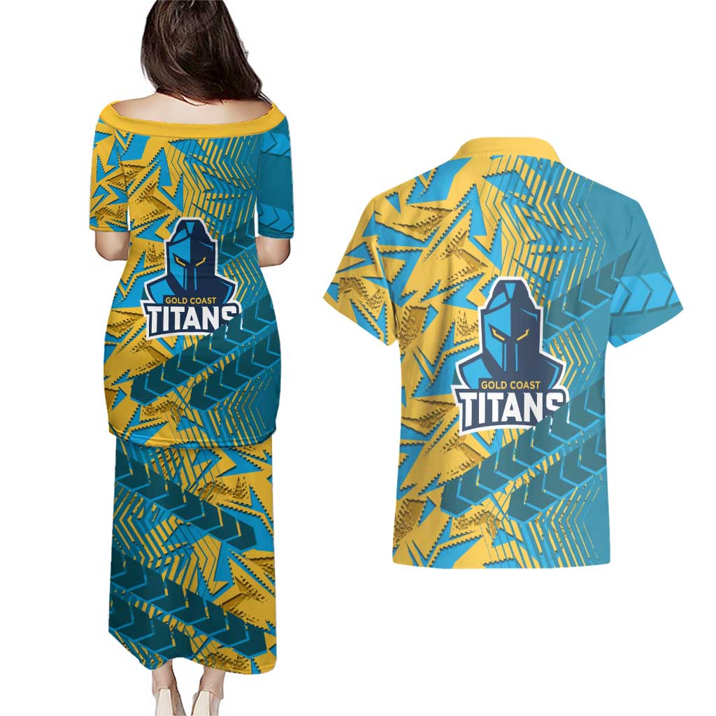 Gold Coast Titans Rugby Couples Matching Puletasi and Hawaiian Shirt Fierce Mascot Geometric Tribal Art