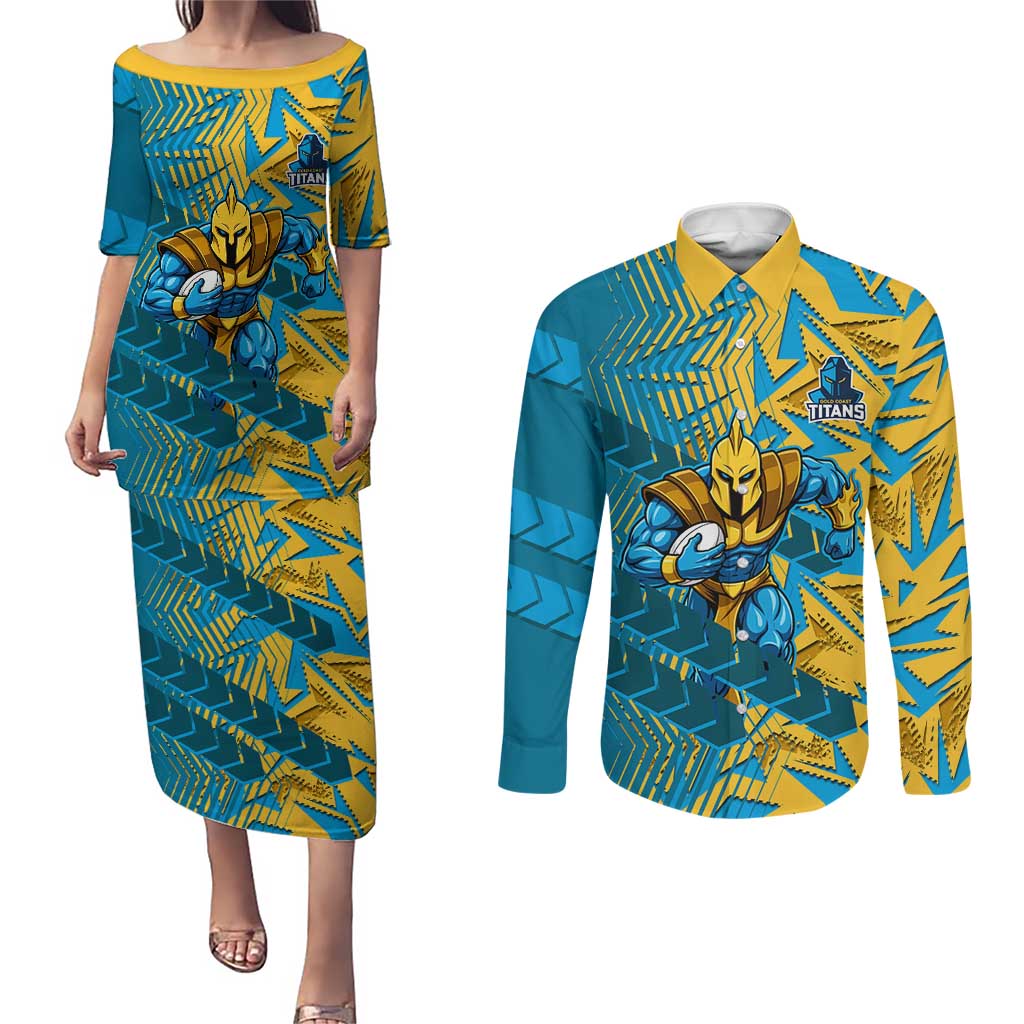 Gold Coast Titans Rugby Couples Matching Puletasi and Long Sleeve Button Shirt Fierce Mascot Geometric Tribal Art