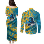 Gold Coast Titans Rugby Couples Matching Puletasi and Long Sleeve Button Shirt Fierce Mascot Geometric Tribal Art
