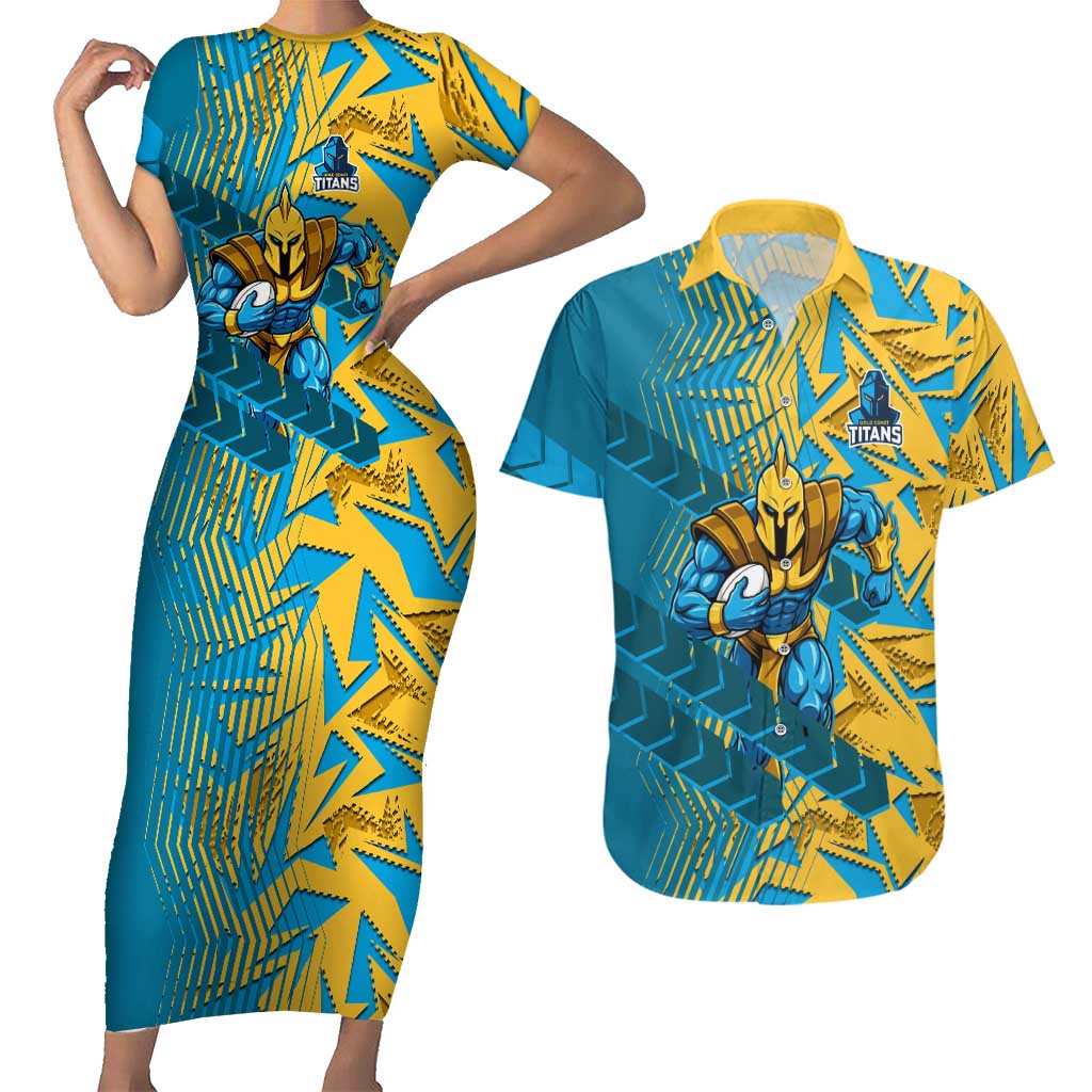 Gold Coast Titans Rugby Couples Matching Short Sleeve Bodycon Dress and Hawaiian Shirt Fierce Mascot Geometric Tribal Art