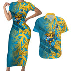 Gold Coast Titans Rugby Couples Matching Short Sleeve Bodycon Dress and Hawaiian Shirt Fierce Mascot Geometric Tribal Art
