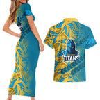 Gold Coast Titans Rugby Couples Matching Short Sleeve Bodycon Dress and Hawaiian Shirt Fierce Mascot Geometric Tribal Art