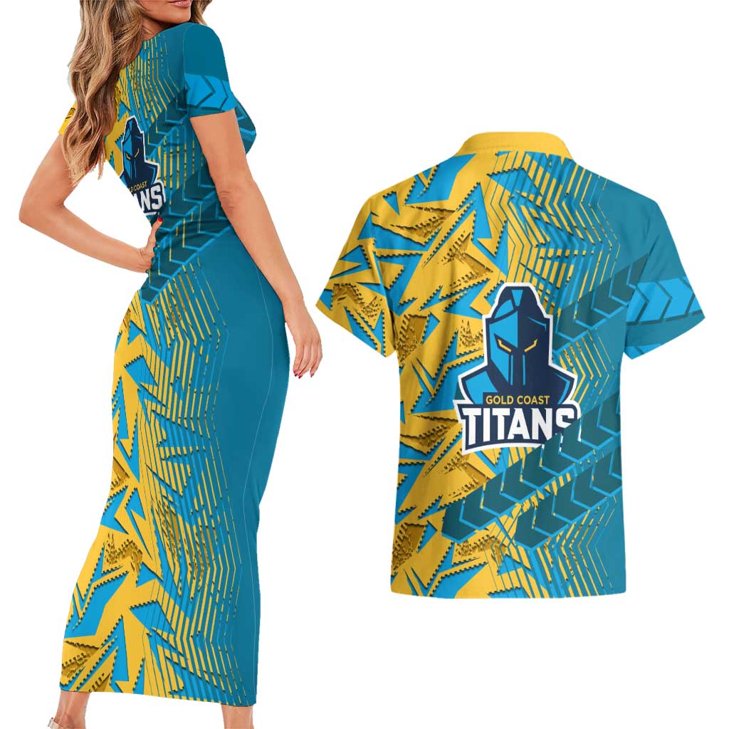 Gold Coast Titans Rugby Couples Matching Short Sleeve Bodycon Dress and Hawaiian Shirt Fierce Mascot Geometric Tribal Art