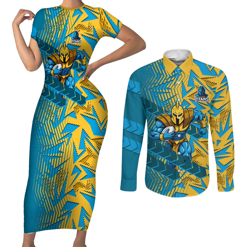 Gold Coast Titans Rugby Couples Matching Short Sleeve Bodycon Dress and Long Sleeve Button Shirt Fierce Mascot Geometric Tribal Art