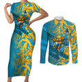 Gold Coast Titans Rugby Couples Matching Short Sleeve Bodycon Dress and Long Sleeve Button Shirt Fierce Mascot Geometric Tribal Art