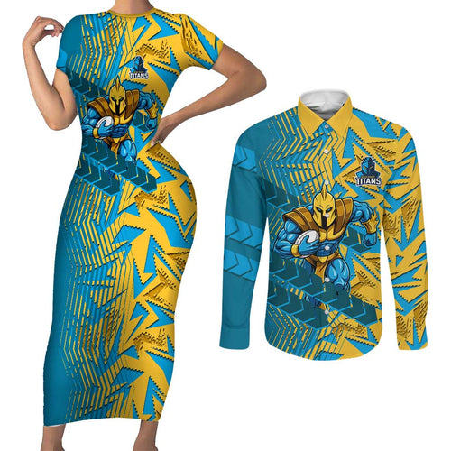 Gold Coast Titans Rugby Couples Matching Short Sleeve Bodycon Dress and Long Sleeve Button Shirt Fierce Mascot Geometric Tribal Art