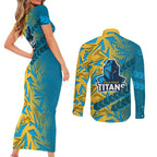 Gold Coast Titans Rugby Couples Matching Short Sleeve Bodycon Dress and Long Sleeve Button Shirt Fierce Mascot Geometric Tribal Art