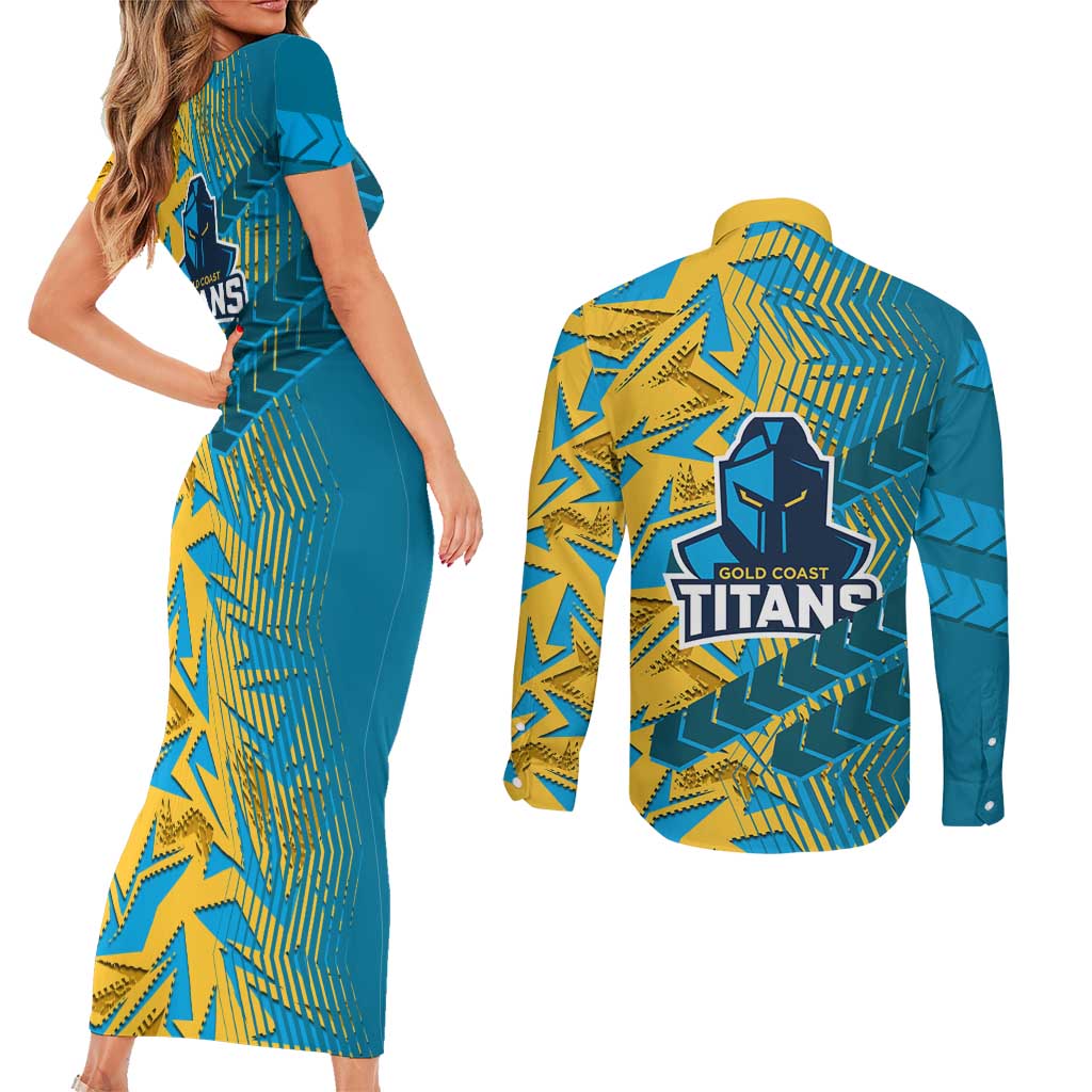 Gold Coast Titans Rugby Couples Matching Short Sleeve Bodycon Dress and Long Sleeve Button Shirt Fierce Mascot Geometric Tribal Art