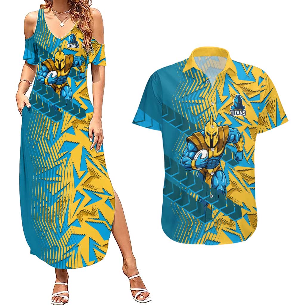 Gold Coast Titans Rugby Couples Matching Summer Maxi Dress and Hawaiian Shirt Fierce Mascot Geometric Tribal Art