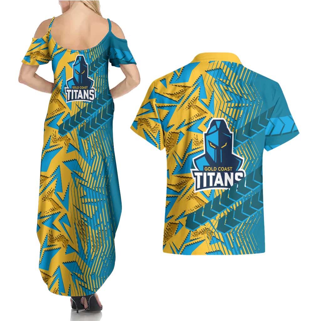 Gold Coast Titans Rugby Couples Matching Summer Maxi Dress and Hawaiian Shirt Fierce Mascot Geometric Tribal Art