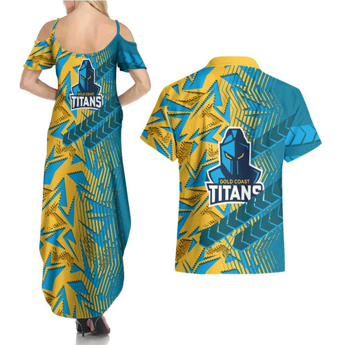 Gold Coast Titans Rugby Couples Matching Summer Maxi Dress and Hawaiian Shirt Fierce Mascot Geometric Tribal Art