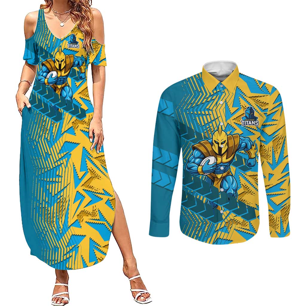 Gold Coast Titans Rugby Couples Matching Summer Maxi Dress and Long Sleeve Button Shirt Fierce Mascot Geometric Tribal Art