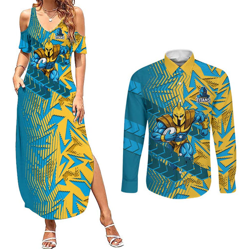 Gold Coast Titans Rugby Couples Matching Summer Maxi Dress and Long Sleeve Button Shirt Fierce Mascot Geometric Tribal Art