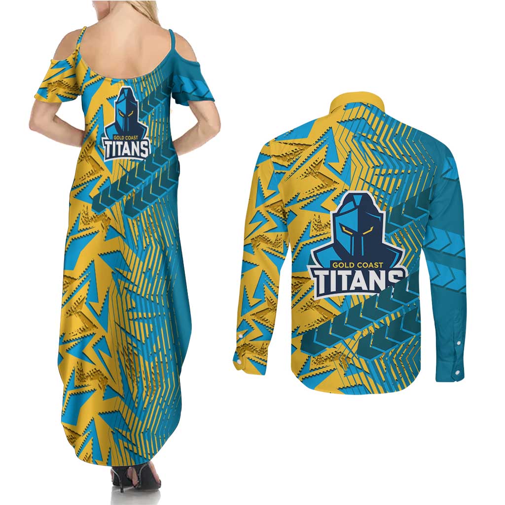 Gold Coast Titans Rugby Couples Matching Summer Maxi Dress and Long Sleeve Button Shirt Fierce Mascot Geometric Tribal Art