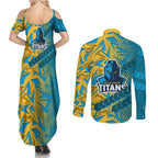 Gold Coast Titans Rugby Couples Matching Summer Maxi Dress and Long Sleeve Button Shirt Fierce Mascot Geometric Tribal Art