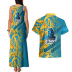 Gold Coast Titans Rugby Couples Matching Tank Maxi Dress and Hawaiian Shirt Fierce Mascot Geometric Tribal Art