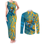 Gold Coast Titans Rugby Couples Matching Tank Maxi Dress and Long Sleeve Button Shirt Fierce Mascot Geometric Tribal Art