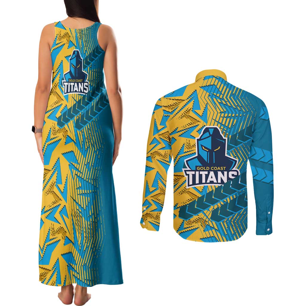Gold Coast Titans Rugby Couples Matching Tank Maxi Dress and Long Sleeve Button Shirt Fierce Mascot Geometric Tribal Art