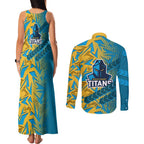 Gold Coast Titans Rugby Couples Matching Tank Maxi Dress and Long Sleeve Button Shirt Fierce Mascot Geometric Tribal Art