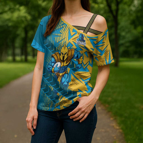 Gold Coast Titans Rugby Cross Shoulder Shirt Fierce Mascot Geometric Tribal Art