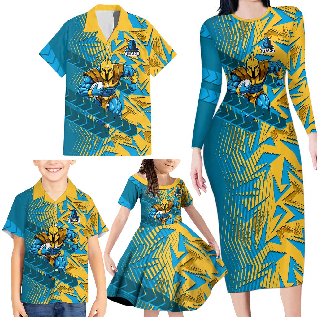 Gold Coast Titans Rugby Family Matching Long Sleeve Bodycon Dress and Hawaiian Shirt Fierce Mascot Geometric Tribal Art