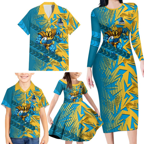 Gold Coast Titans Rugby Family Matching Long Sleeve Bodycon Dress and Hawaiian Shirt Fierce Mascot Geometric Tribal Art