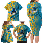 Gold Coast Titans Rugby Family Matching Long Sleeve Bodycon Dress and Hawaiian Shirt Fierce Mascot Geometric Tribal Art