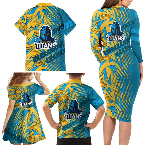 Gold Coast Titans Rugby Family Matching Long Sleeve Bodycon Dress and Hawaiian Shirt Fierce Mascot Geometric Tribal Art