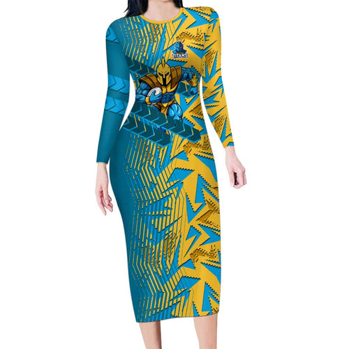 Gold Coast Titans Rugby Family Matching Long Sleeve Bodycon Dress and Hawaiian Shirt Fierce Mascot Geometric Tribal Art