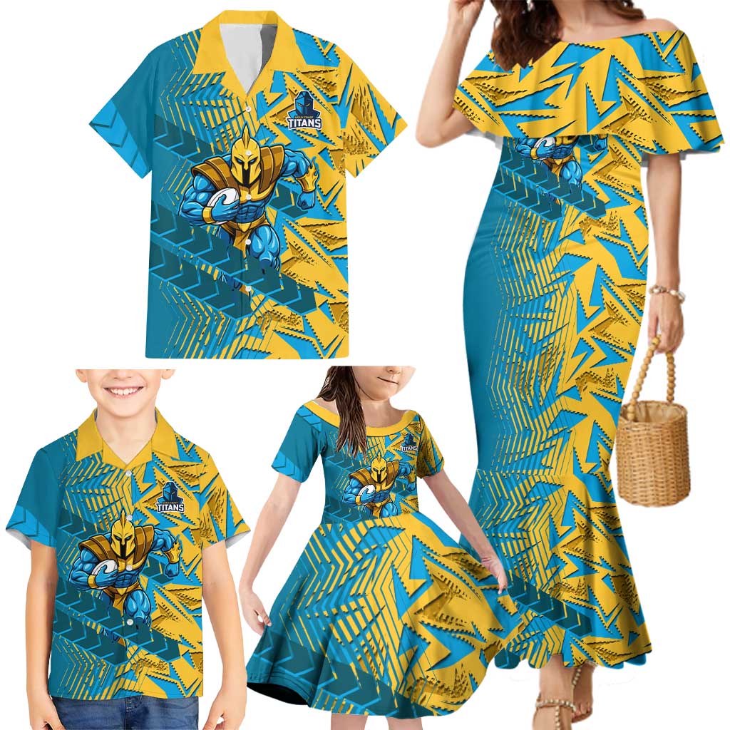 Gold Coast Titans Rugby Family Matching Mermaid Dress and Hawaiian Shirt Fierce Mascot Geometric Tribal Art