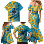 Gold Coast Titans Rugby Family Matching Mermaid Dress and Hawaiian Shirt Fierce Mascot Geometric Tribal Art