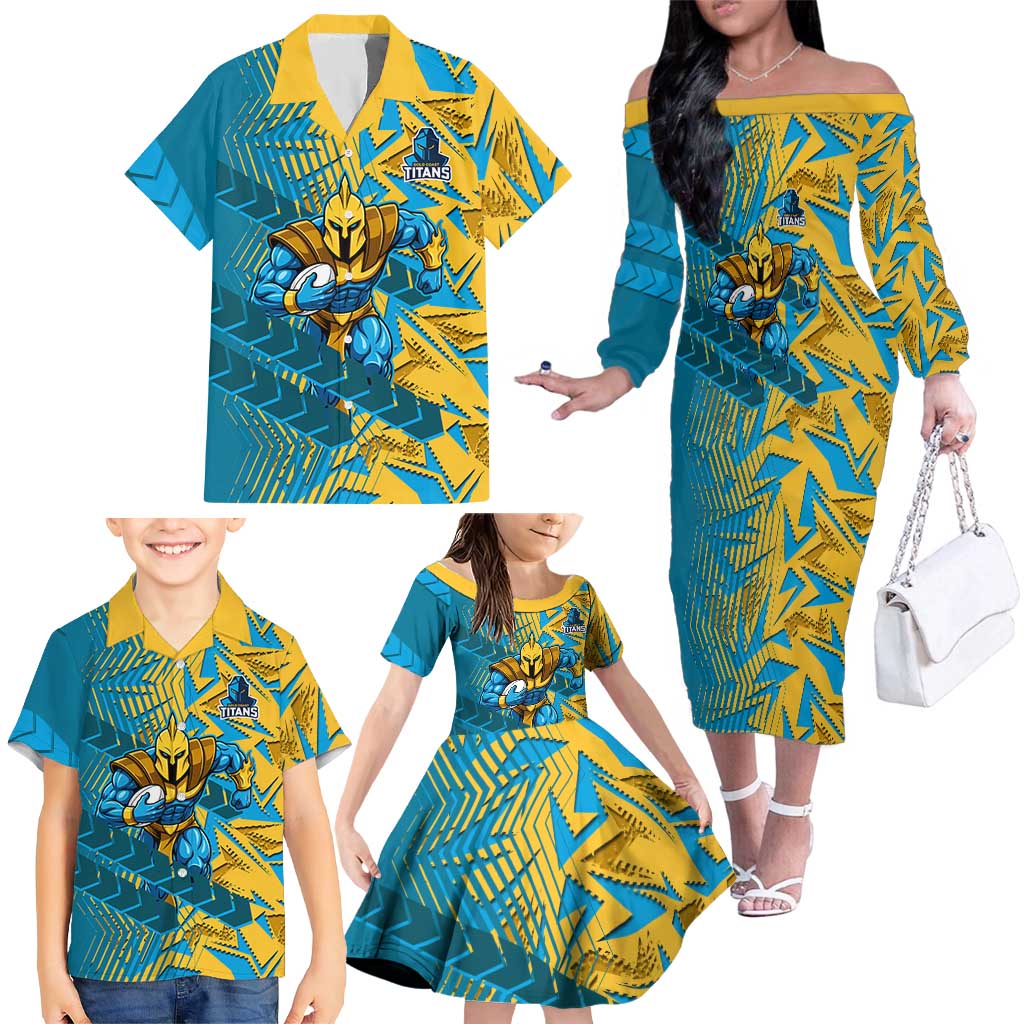 Gold Coast Titans Rugby Family Matching Off The Shoulder Long Sleeve Dress and Hawaiian Shirt Fierce Mascot Geometric Tribal Art