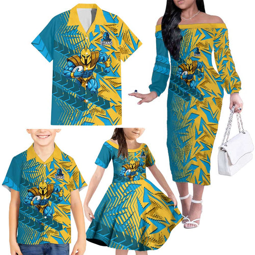 Gold Coast Titans Rugby Family Matching Off The Shoulder Long Sleeve Dress and Hawaiian Shirt Fierce Mascot Geometric Tribal Art