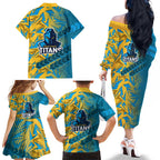 Gold Coast Titans Rugby Family Matching Off The Shoulder Long Sleeve Dress and Hawaiian Shirt Fierce Mascot Geometric Tribal Art