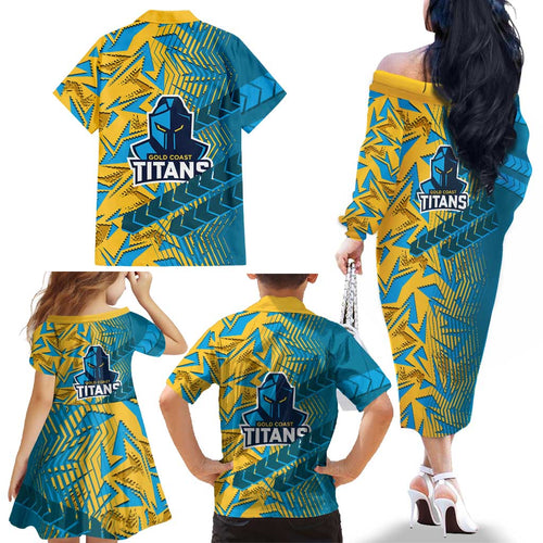 Gold Coast Titans Rugby Family Matching Off The Shoulder Long Sleeve Dress and Hawaiian Shirt Fierce Mascot Geometric Tribal Art