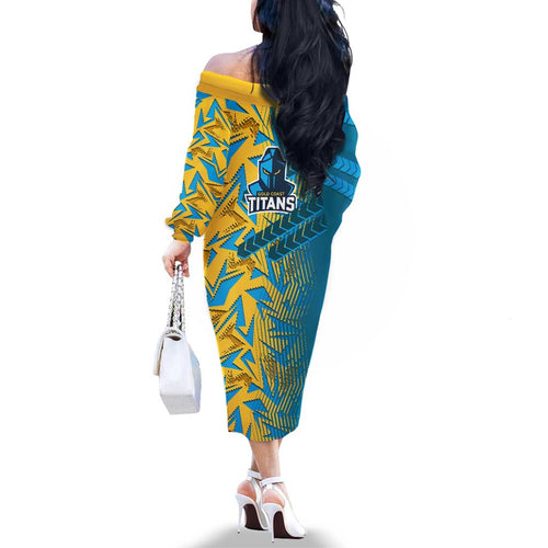 Gold Coast Titans Rugby Family Matching Off The Shoulder Long Sleeve Dress and Hawaiian Shirt Fierce Mascot Geometric Tribal Art