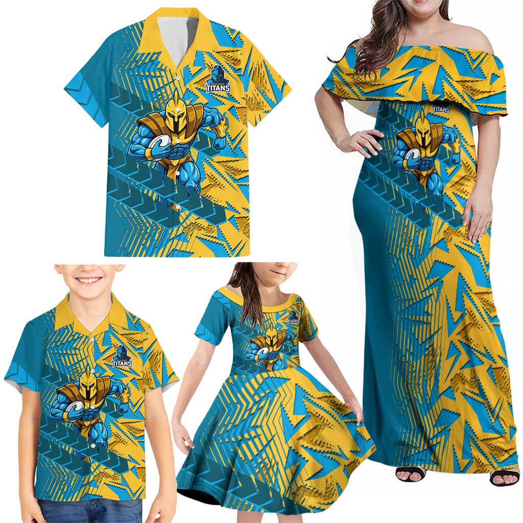 Gold Coast Titans Rugby Family Matching Off Shoulder Maxi Dress and Hawaiian Shirt Fierce Mascot Geometric Tribal Art