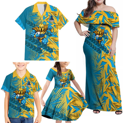 Gold Coast Titans Rugby Family Matching Off Shoulder Maxi Dress and Hawaiian Shirt Fierce Mascot Geometric Tribal Art