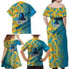 Gold Coast Titans Rugby Family Matching Off Shoulder Maxi Dress and Hawaiian Shirt Fierce Mascot Geometric Tribal Art