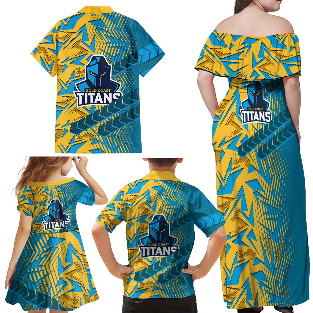 Gold Coast Titans Rugby Family Matching Off Shoulder Maxi Dress and Hawaiian Shirt Fierce Mascot Geometric Tribal Art