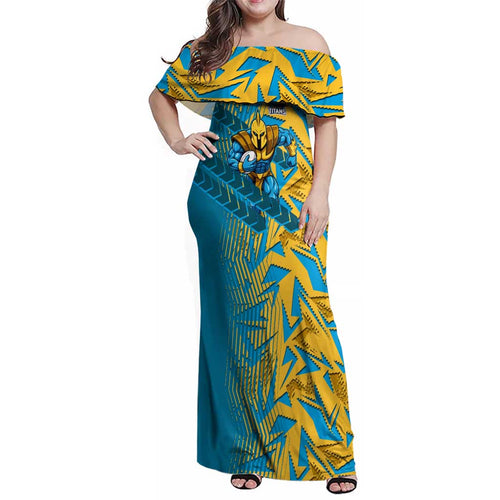 Gold Coast Titans Rugby Family Matching Off Shoulder Maxi Dress and Hawaiian Shirt Fierce Mascot Geometric Tribal Art