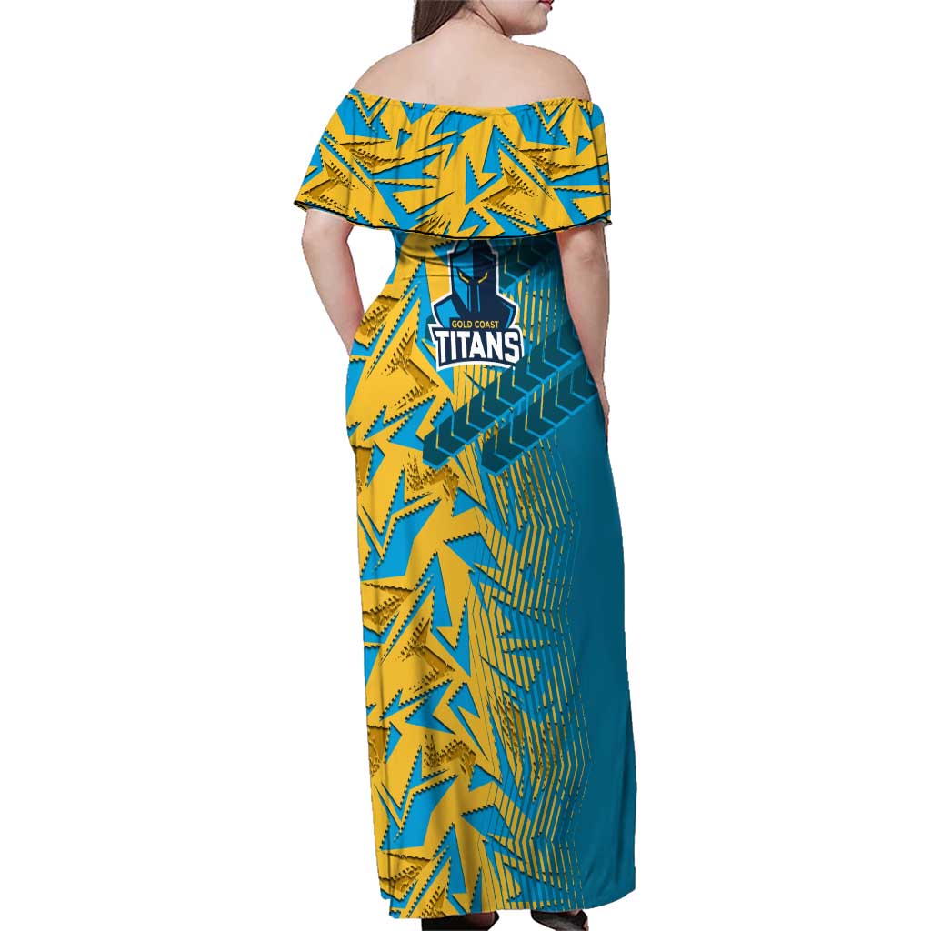 Gold Coast Titans Rugby Family Matching Off Shoulder Maxi Dress and Hawaiian Shirt Fierce Mascot Geometric Tribal Art