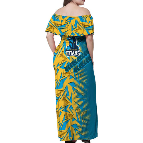 Gold Coast Titans Rugby Family Matching Off Shoulder Maxi Dress and Hawaiian Shirt Fierce Mascot Geometric Tribal Art