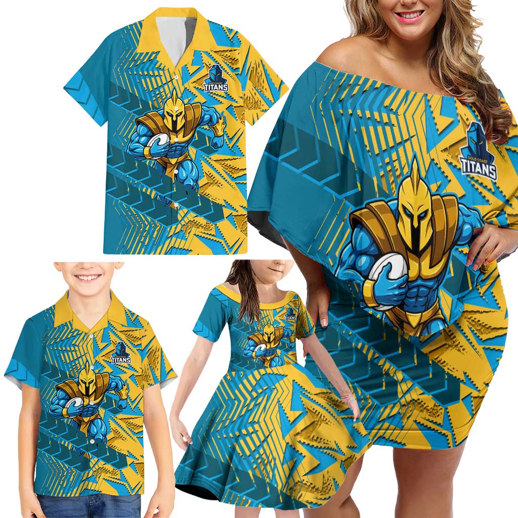 Gold Coast Titans Rugby Family Matching Off Shoulder Short Dress and Hawaiian Shirt Fierce Mascot Geometric Tribal Art