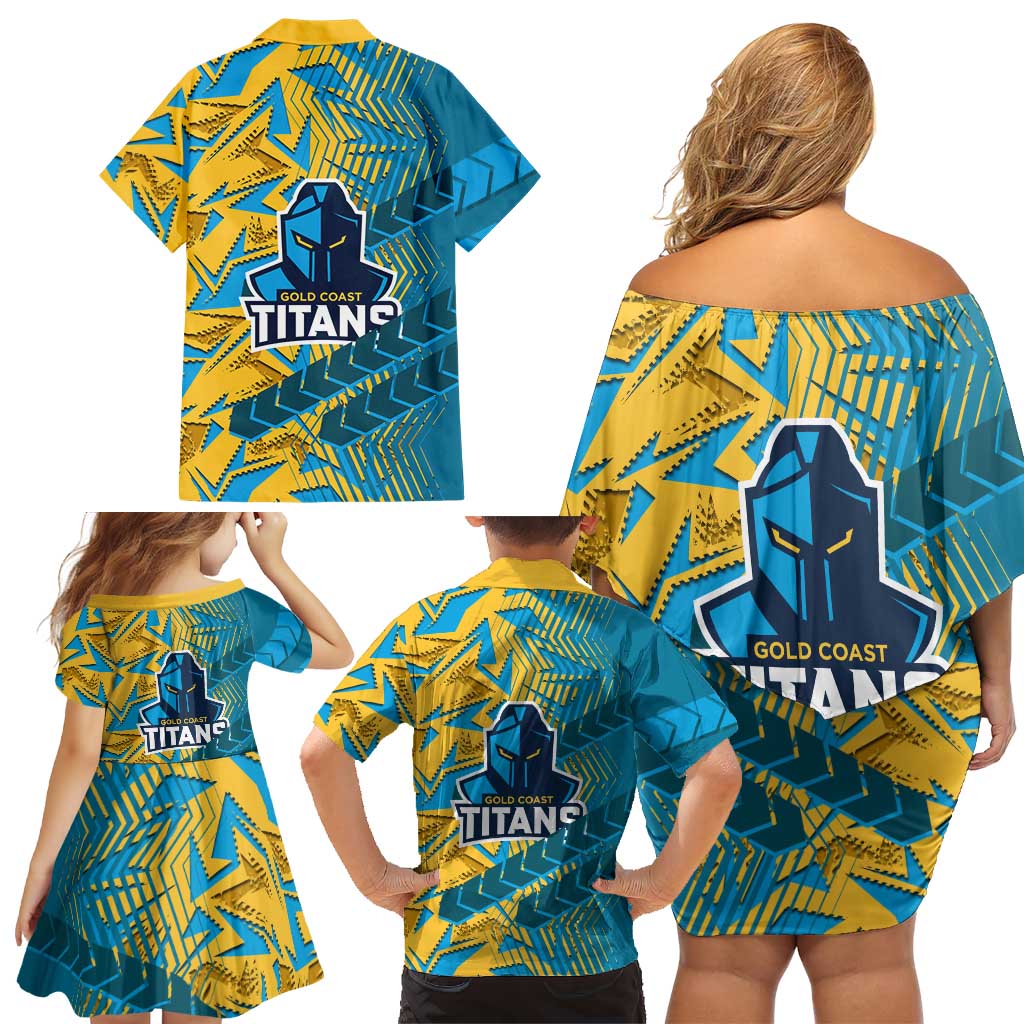 Gold Coast Titans Rugby Family Matching Off Shoulder Short Dress and Hawaiian Shirt Fierce Mascot Geometric Tribal Art