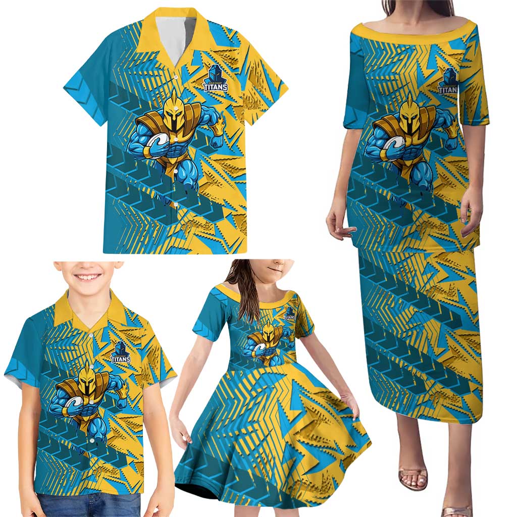 Gold Coast Titans Rugby Family Matching Puletasi and Hawaiian Shirt Fierce Mascot Geometric Tribal Art