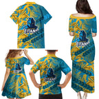Gold Coast Titans Rugby Family Matching Puletasi and Hawaiian Shirt Fierce Mascot Geometric Tribal Art