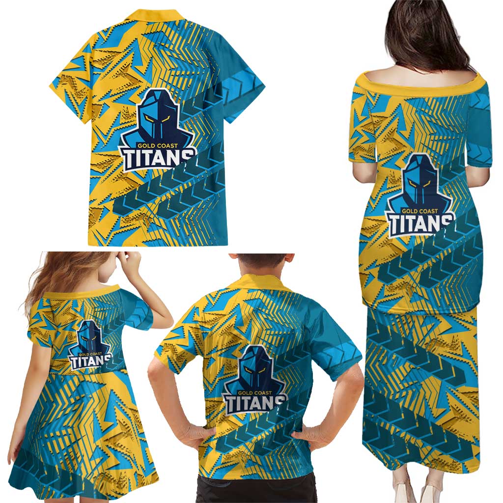 Gold Coast Titans Rugby Family Matching Puletasi and Hawaiian Shirt Fierce Mascot Geometric Tribal Art