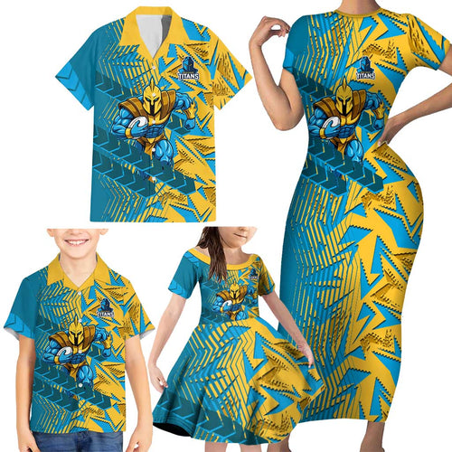 Gold Coast Titans Rugby Family Matching Short Sleeve Bodycon Dress and Hawaiian Shirt Fierce Mascot Geometric Tribal Art