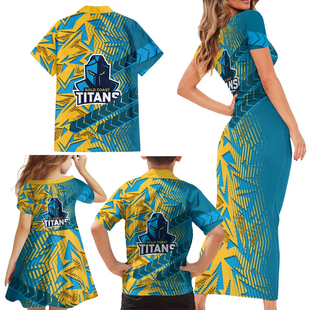 Gold Coast Titans Rugby Family Matching Short Sleeve Bodycon Dress and Hawaiian Shirt Fierce Mascot Geometric Tribal Art